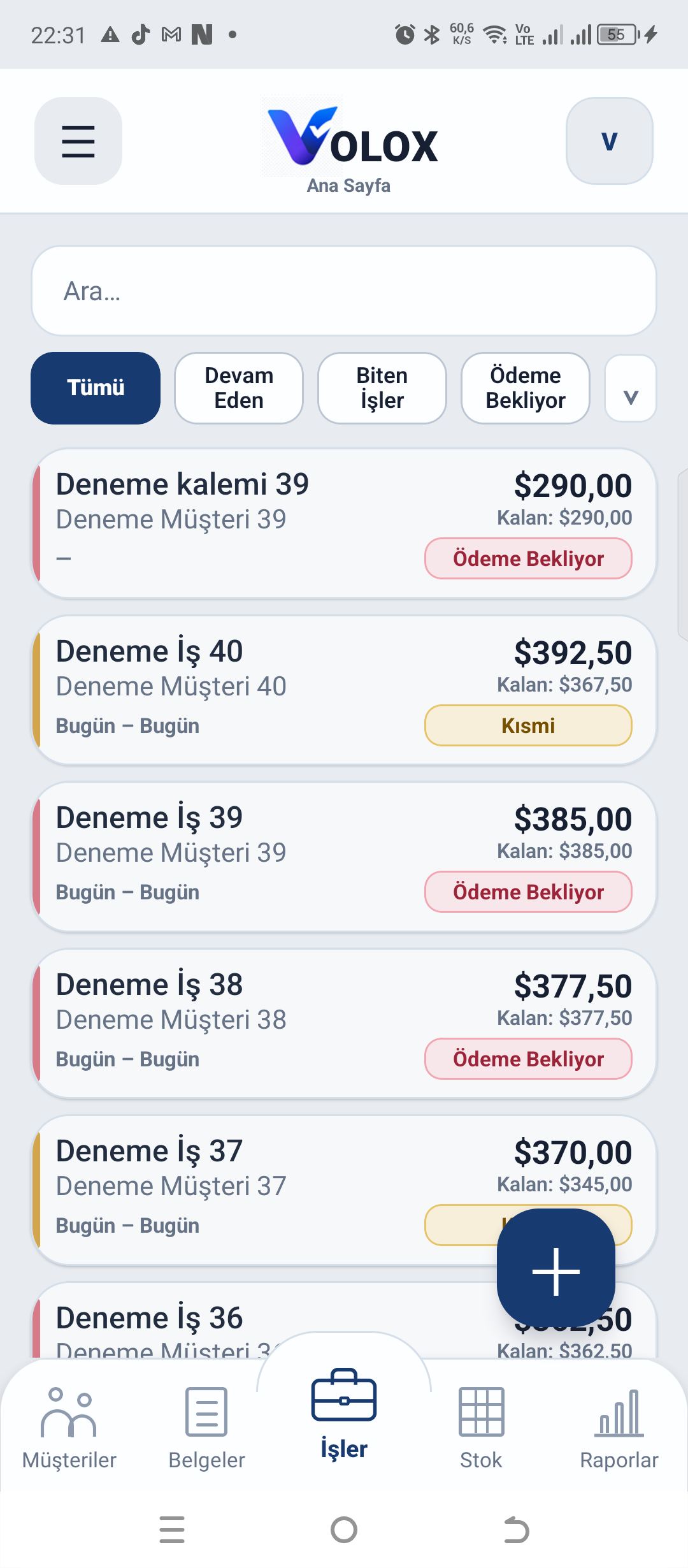 VGField jobs screen showing active work and payment status